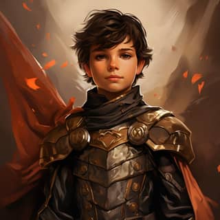 A boy Fantasy medieval, a boy in armor with a cape and sword