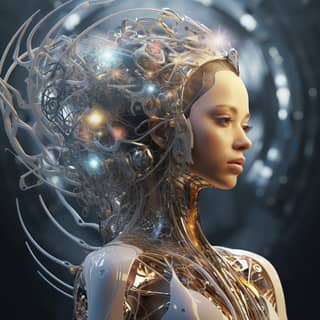 a cybernetic female fractalized into a recursive biomorphic holographic image hyper realistic great level of detail