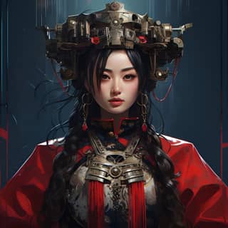 a cyberpunk traditional Japanese woman, in oriental clothing with a red headdress