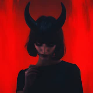 in horns against a red backdrop in the style of nightmarish imagery narrative photography 1965 horror film scene dreamy dark