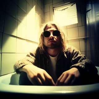 Kurt Cobain indossa gli occhiali da sole Ray-Ban seduto in una vasca da bagno sporca nella luce del mattino presto.