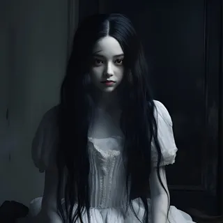 Uma mulher de vestido branco com longos cabelos pretos está sentada em uma cadeira em um cenário de horror.