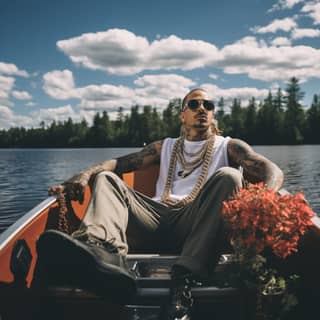 rappers from New York 1980's bling bling tattoos jewelry diamond necklace sitting in a boat in the middle of a Finnish lake