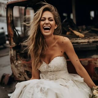 A smiling joyful bride with mascara smeared under her eyes wearing a dirty torn wedding dress sitting on the curb in front