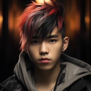 A 19-year-old with dark hair streaked with red and blonde highlights His style combines traditional and modern elements and