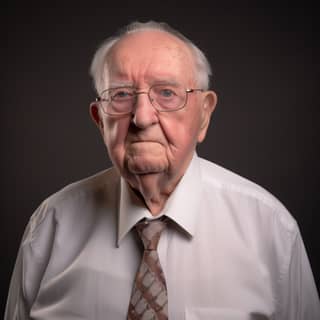 Un homme de 85 ans avec des lunettes, une cravate et une chemise blanche pose pour une photo.