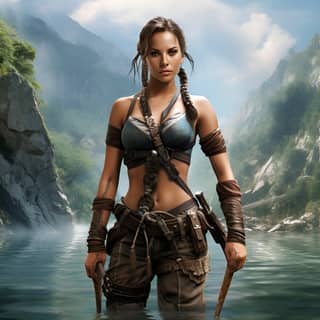 Lara Croft, kıyafetinin içinde kılıçla suyun içinde duruyor.