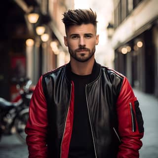 Niko Finato handsome man mid taper fade hair wearing a varsity jacket that is red and black colour