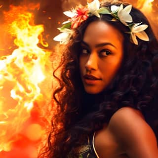 Realistic photograph Polynesian gorgeous black woman beautiful fire show Luau triangle volcano dance ahi Lele Hawaiian fire