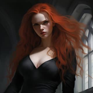 Redhead vampire with long hair white skin fangs and a black dress