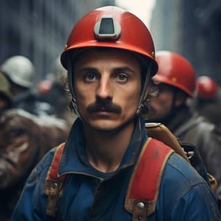 Una persona llevando un casco de seguridad y equipo rojo con bigote y chaqueta azul.