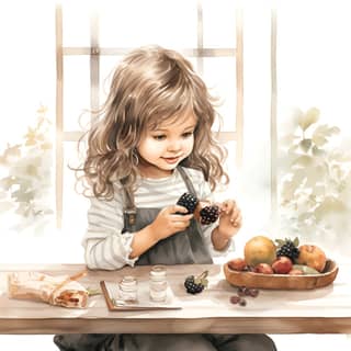 Watercolor line art toddler girl eating berries on breakfast in the kitchen room cute neutral pastel tones rustic minimal