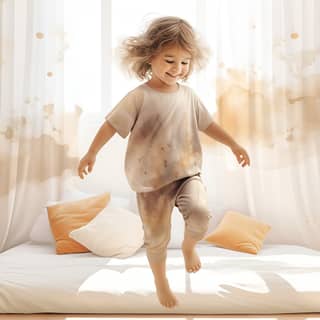 Watercolor line art toddler girl is doing exercices jumping on one leg in the shiny room cute neutral pastel tones rustic