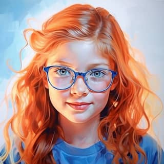 Young girl age 10 or 11 strawberry blonde hair blue eyes glasses favorite colors pastel pink and blue