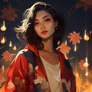 an asian girl wearing a red and white bomber jacket with flowers in the bac light gold and blue night light 90's stylized