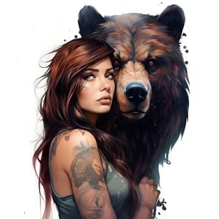 a bear with a phönix tattoo and brown eyed and brown haired woman