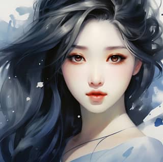 contemporary modern chinese beautiful wear blue t-shirt, with long hair and blue eyes