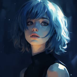 emotional dark mysterious illustration night moonlight semirealism skinny woman with a pale skin and blue uneven bob cut hair