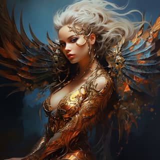 fantasy figure painting by Karol Bak, woman with wings and gold armor