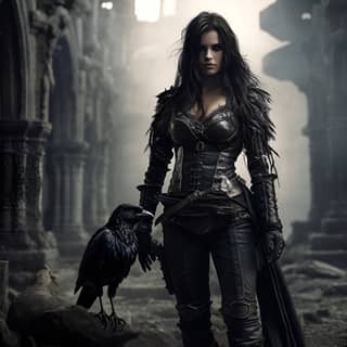 gothic female warrior with a crow and wearing long boots Ruins scene Hyper realistic