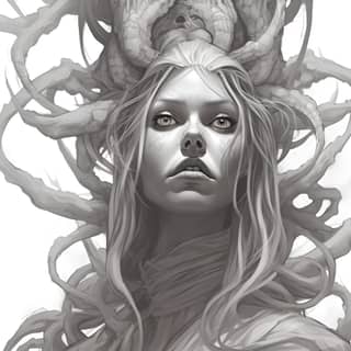 lineart with mind flayer features dnd inspired sketch, with long hair and tentacles on her head
