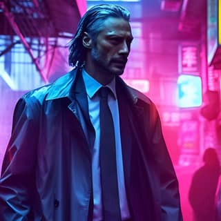 mads mikkelsen in a trench coat wearing a suit underneith walking down a sci-fi cyberpunk street neon light glow