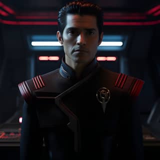 space opera film Pacific Islander male commander slicked back hair age 30 black and red uniform confident standing pose