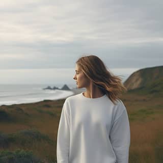 Mujer de pie en un campo o en una colina, mirando al océano, vestida con una sudadera blanca.