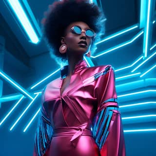 woman cyborg wearing fluorescent pink maxi dress Afro futuristic cyborg hero large beautiful 1970’s afro with pink