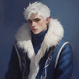 Un jeune mannequin masculin beau avec des yeux d'or et des cheveux courts bleu bébé portant un col roulé bleu foncé et un gilet en fourrure blanche, dans un manteau bleu avec un col en fourrure blanche.