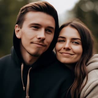 Two caucasian and brown-haired lovers are leaning on each other The man is wearing a black hooded sweatshirt and the woman