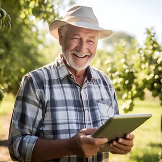 Il contadino anziano usa il tablet nell'orto, sorridendo come se avesse fatto soldi.