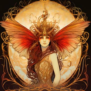 art nouveau style poster of a feminine waif fire sprite brown red and hole iridescent wings intricate gold leaf detailed