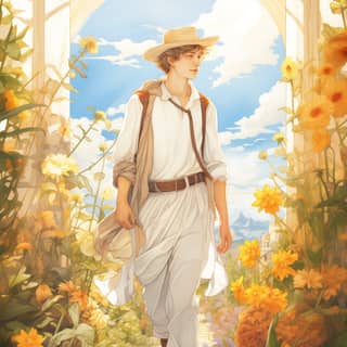 bright sunshine stroll nice white tarot filter, in white walking through a garden with flowers