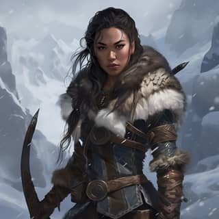 character art painting full body female snow elf inuit smooth dark hair pointed ears brown leather armor archer longbow high