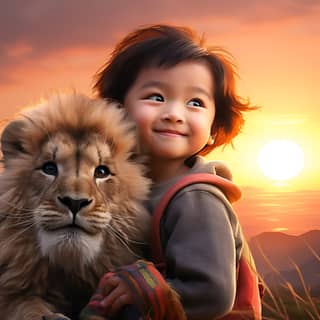 close up Chinese boy 1 yo cute dark hair big eyes smile sitting with a lion in the wild of Africa parrots flying in the