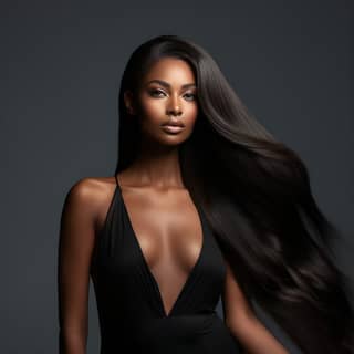 dark-skinned African American woman's long straight hair is blowing as she is looking away body extensions mbole art clean