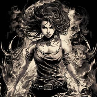 a fearsome female demon wearing a low-cut crop top wielding a flaming sword running towards the viewer black and white with