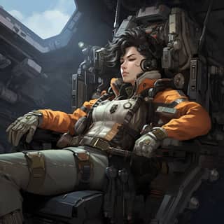 female mech pilot reclining in mech in the style of battletech