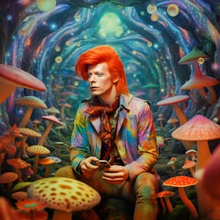 ziggy stardust David Bowie surrounded by magic mushrooms in a psychedelic setting