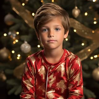 7 year old boy wearing pajamas sitting on one single present box under the christmas tree