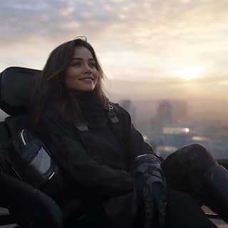 Cinematic still film by Christopher Nolan a futuristic city of 2099 after a solar storm beautiful 20 year old turkish girl