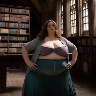 Eine übergroße Frau mit einem rundem Bauch steht in einer alten, verlassenen gotischen Herrenhaus-Bibliothek, umgeben von staubigen Bücherregalen.