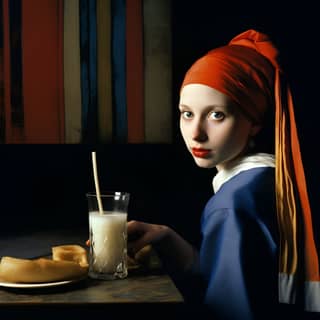 Vermeer's 'Girl with a Pearl Earring' eating a burher and enjoying French fries with ketchup on her mouth in a Chicago diner