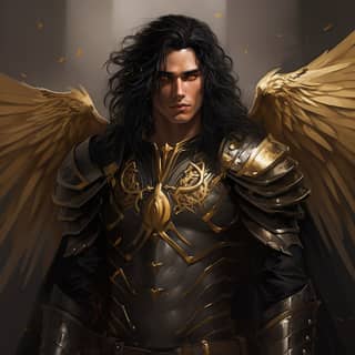 Ein wütender gefallener männlicher Aasimar mit langen schwarzen Haaren und schwarzer und goldener Rüstung, der goldene Flügel und ein goldenes Outfit trägt und den Engel der Apokalypse darstellt.