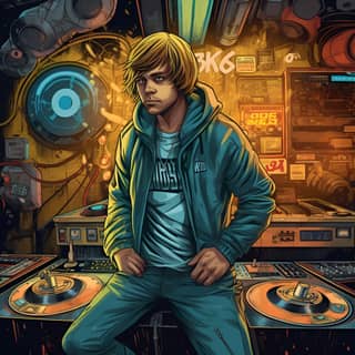 La pochette de l'album de mixage DJ de Joshua Klein capture son attitude rebelle dans un lieu de musique underground rempli de graffitis et de lumières pulsantes.