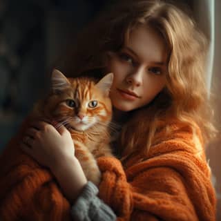 A pretty girl hugging an orange cat She protects the cat Natural lights bring warmth to the environment
