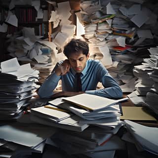 a researcher overwhelmed with the amount of paperwork he has to do