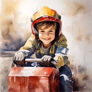 a 12-year-old boy racing in a paper box like a racing driver cool guy like Justin Bieber background F1 race track with