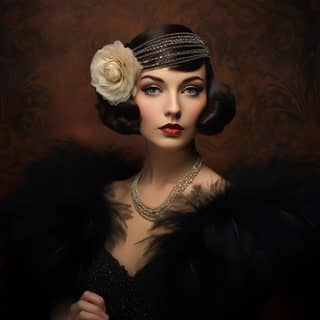 Uma mulher em um vestido preto estilo flapper e chapéu com penas captura a elegância do estilo Art Déco dos anos 1950.